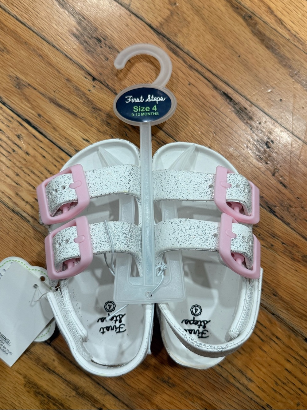 First Steps White Glitter Sandals with Pink Buckles - Size 4
